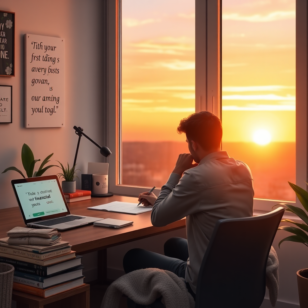 Depict a thoughtful individual sitting at a desk, writing down financial goals with a serene sunset background outside the window. The desk should be organized with motivational books and a laptop showing a budgeting app. The warm lighting from the sunset should create a contemplative mood, enhancing focus on goal-setting. Use elements like motivational quotes on the wall and a plant for a touch of life. The scene should be cozy yet inspiring, presented in photorealistic detail.