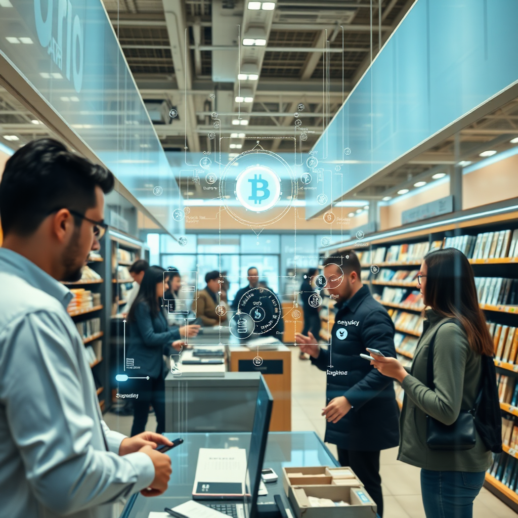 Depict a transparent retail system with digital interaction illustrating how transactions are authenticated through blockchain. The composition should blend real people working together and digital displays showcasing the clarity of transactions, with bright lighting that symbolizes openness.