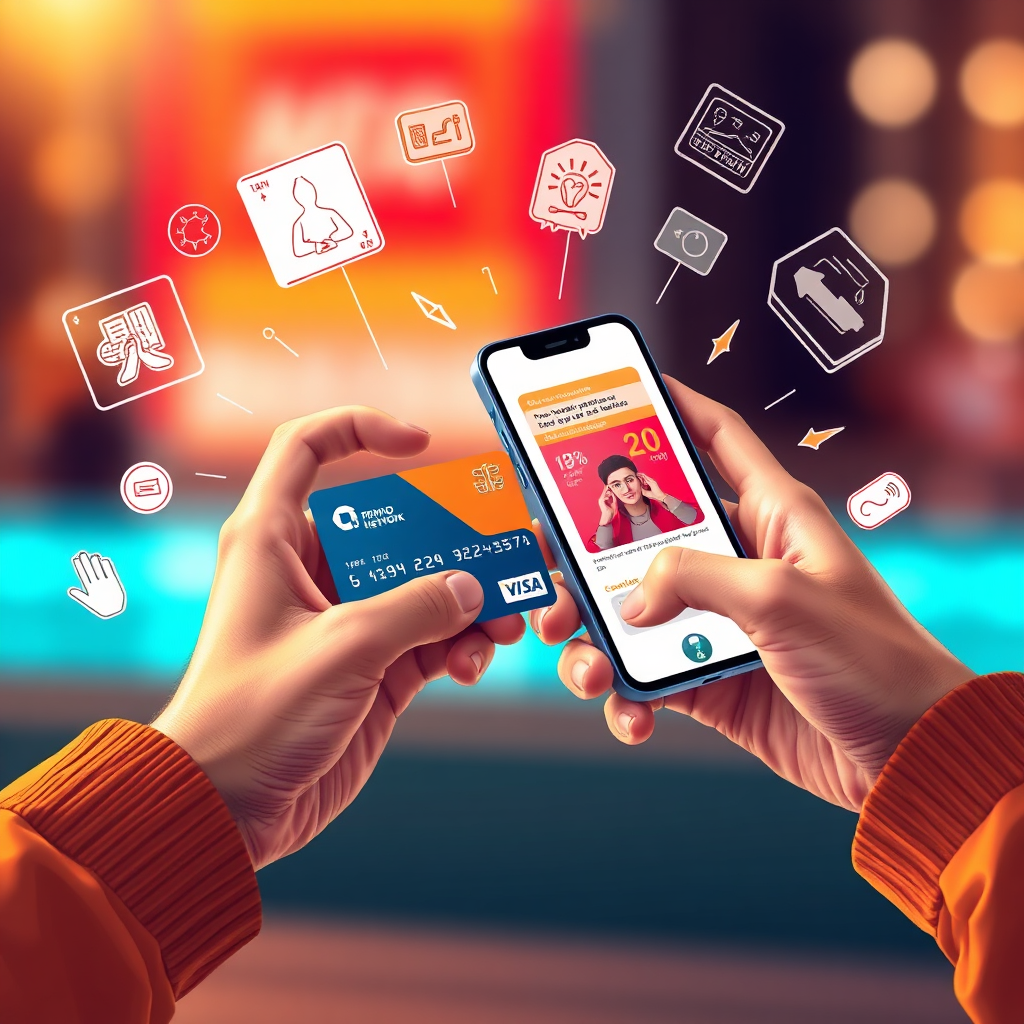 Depict a user unlocking exclusive promotions on their smartphone using the AI Promo Network card. Emphasize modern technology with a vibrant phone interface and promotional graphics illustrated around it. Use a warm color palette to instill a sense of excitement and exclusivity, aiming for a photorealistic finish that captures the details of the user interface and the card's interaction.