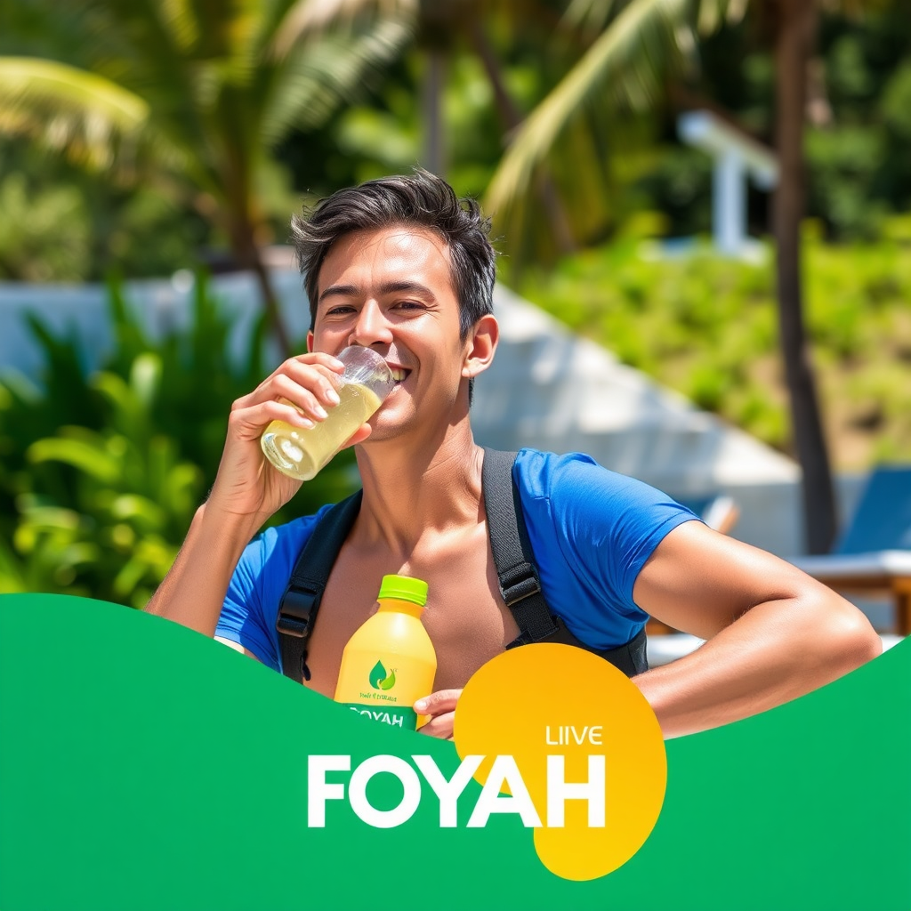 Depict an active person enjoying FOYAH™ Drink in a tranquil outdoor setting, such as a sunny beach or a lush garden. Capture the feeling of relaxation and well-being, showcasing the individual smiling, taking a refreshing sip. Ensure the environment reflects vibrant life, with greenery and sunlight enhancing the mood. A high-quality image focusing on joyful emotions and health benefits should be aimed for.