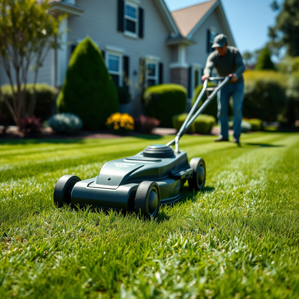 Depict an attractive image of a freshly mowed lawn with defined stripes reflecting expert care. The setting should show a well-maintained residential property in the background, and a landscaping professional finishing the cutting. Utilize bright daylight to showcase the deep green color of the grass and the texture of the lawn. Angle the camera for a dynamic perspective that captures both the lawn’s detail and the professional in action, ensuring high quality in 4K resolution.