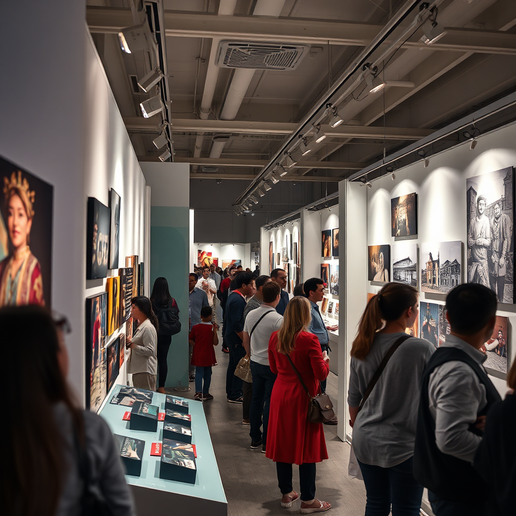 Depict an engaging environment where cultural exhibitions meet modern real estate showcases. Include colorful displays of cultural artifacts and photographs, all illuminated with soft, spotlighting to enhance their features. A close-up angle can capture the interaction between attendees and the exhibitions, ensuring clarity in textures.