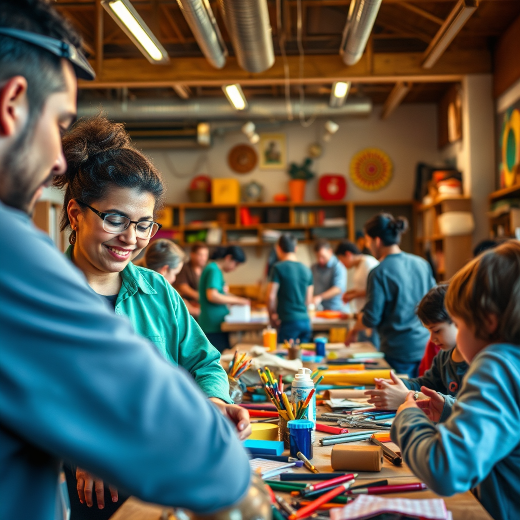 Design a bustling workshop setting where participants are actively learning and engaging in creative activities. Use vibrant colors and dynamic lighting to embody enthusiasm, and focus on detailed textures in materials and tools, captured from an interactive angle that underscores community involvement.