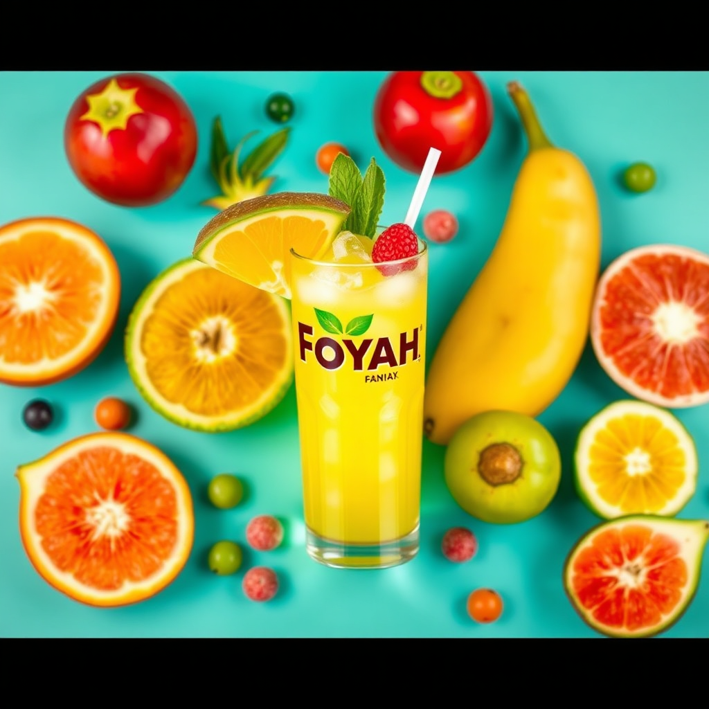 Design a colorful layout featuring the essential tropical fruits used in FOYAH™ Drink, artistically arranged with the drink itself taking center stage. Use a bright, inviting color palette, ensuring the fruits are ripe and appealing. Incorporate soft, diffused lighting to enhance the freshness of the scene. The aim is to create a harmonious composition that celebrates flavors in high-quality detail.