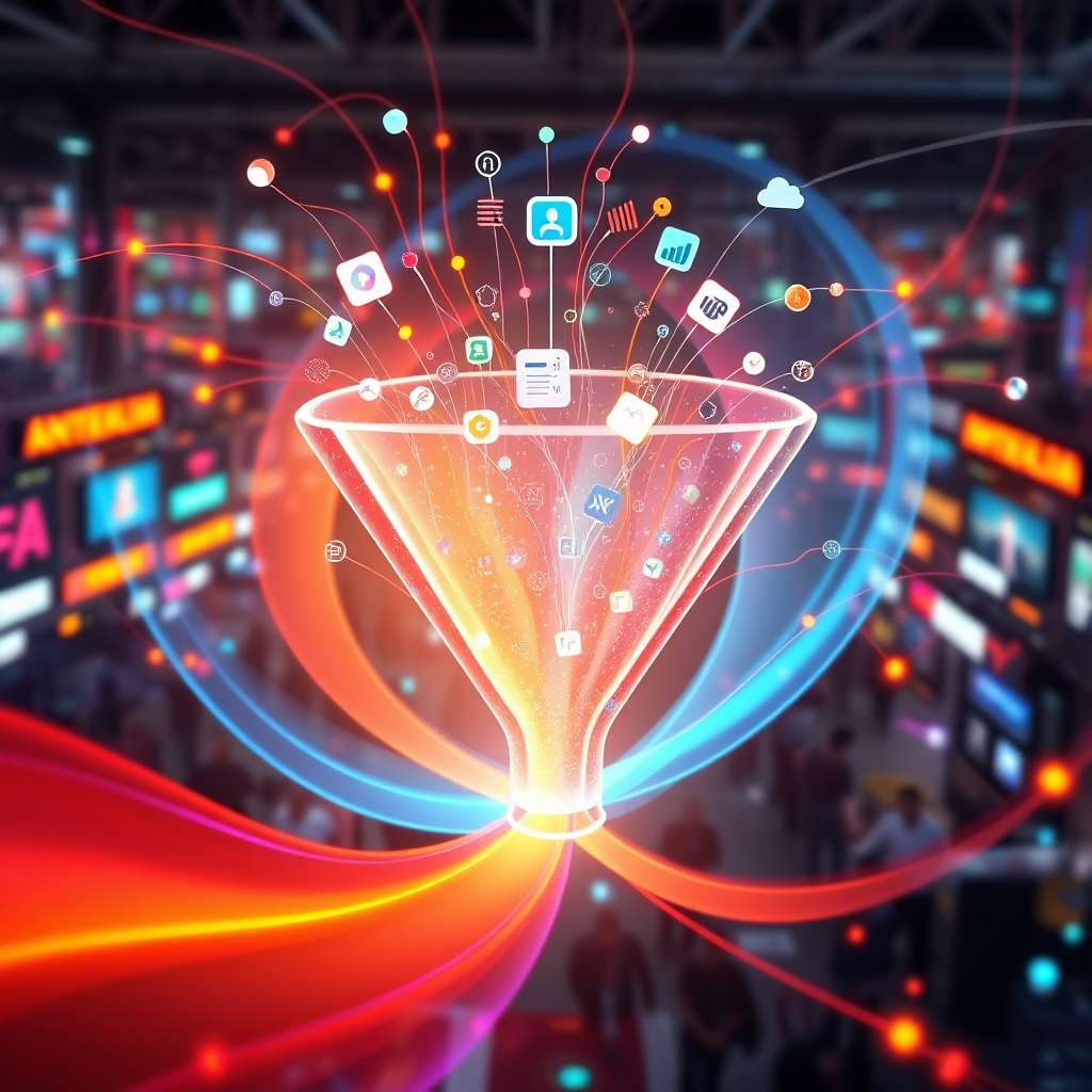 Design a dynamic image showing a visualization of a digital funnel filled with flowing data and leads. The background should depict a network of agencies connected in a vibrant and busy online marketplace. Use bright colors to create an engaging spectacle, with smooth curves representing the funnel system. Ensure the lighting accentuates the motion of the data flow, creating a sense of urgency and excitement. Technical specs: 4K resolution, high quality.