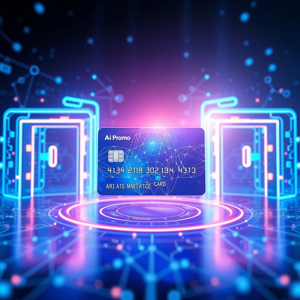 Design a high-quality image that epitomizes the essence of Ai Promo Network. Feature the pre-paid card at the center, surrounded by vibrant graphical representations of AI technologies, gated portals, and collaborative elements. Bright, engaging colors like blue and silver should dominate, symbolizing trust and modernity. Utilize soft lighting to enhance the card's appeal and set a premium atmosphere. The setting could be abstract, depicting a future tech landscape, laid out at 4K resolution to ensure clarity and detail, reflecting the community-focused mission.