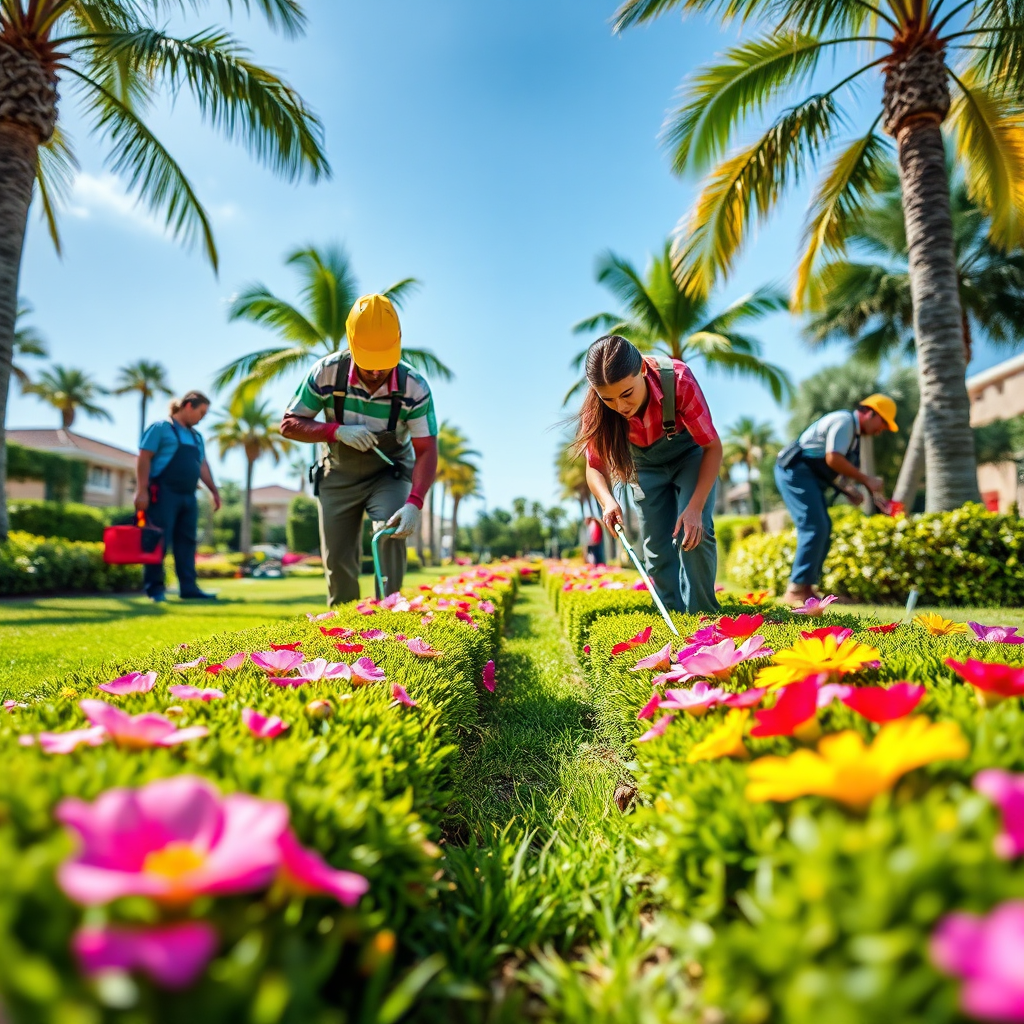 Design a high-quality, photorealistic image symbolizing the mission of A Different Image Lawn Care. Showcase a team of professional landscapers tending to a vibrant garden, with a backdrop of well-kept lawns and palm trees. The setting should be bright and cheerful, emphasizing a sunny day that enhances the colors of the flowers and grass. Capture dynamic actions of the team at work, such as trimming hedges and planting flowers, to highlight professionalism and care. The camera angle should be slightly low to emphasize the lush greenery and blue sky above. The texture details must be clear, showing the vividness of the flora, and the setting should be designed in 4K resolution to capture every detail.