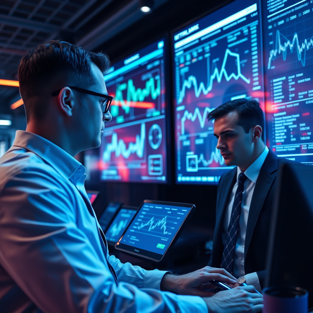 Design a high-tech data analytics environment where brokers analyze complex data on digital screens. The image should reflect sophistication and intelligence, using a cool color palette, advanced digital displays, and focused individuals demonstrating engagement.