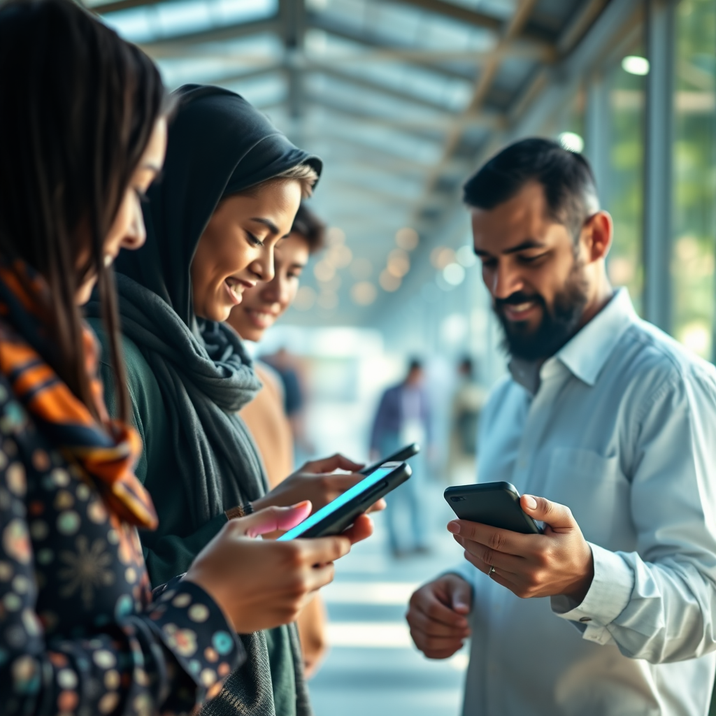 Design a photorealistic image that encapsulates the mission of iCoinFi.com. The composition should feature a digitally constructed marketplace where diverse individuals interact using their mobile devices to trade faith-based digital assets. Bright and soft ambient lighting will create a welcoming atmosphere, with a color palette rich in blues and greens representing security and growth. The background can blend natural and digital elements, symbolizing a bridge between faith and technology. Technical specs: 4K resolution, high quality.