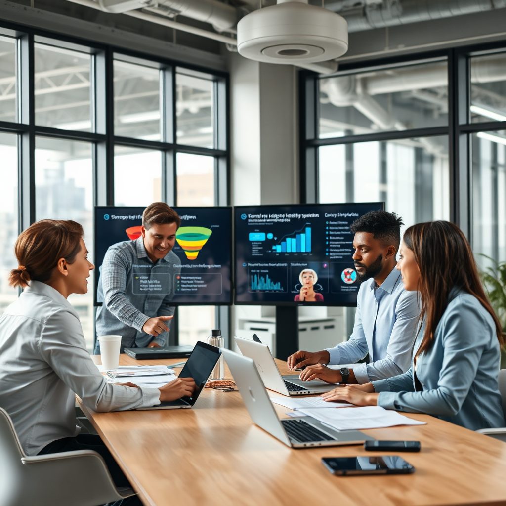 Design a photorealistic image capturing the essence of App2GoCity.com, depicting a diverse team of professionals in a modern office setting collaboratively working on digital platforms. The composition should feature high-tech monitors displaying visuals of dynamic funnels and referral systems. Use natural lighting from large windows, with a color palette that balances light whites and cool grays, promoting a feeling of productivity. Camera angles should focus on engagement amongst team members, with visible technology that reflects professionalism. Include props such as laptops, tablets, and documents to illustrate a collaborative workspace. Technical specs: 4K resolution, high quality.