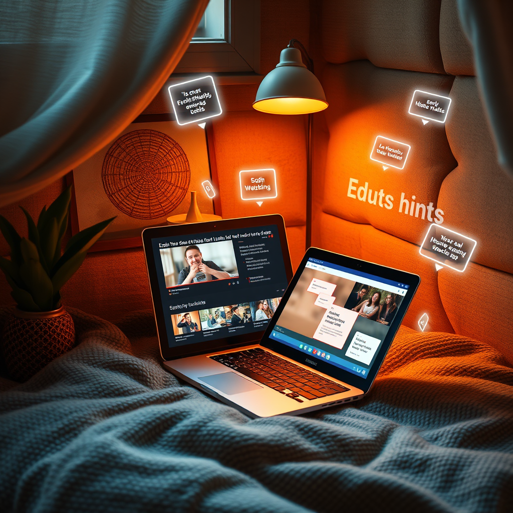 Design a photorealistic image that captures the essence of AI-Edutube's mission. A cozy learning nook should be depicted, with a laptop open to an engaging AI-Edutube interface displaying short video clips with notes and quizzes around it. Warm lighting imparts a sense of comfort and motivation. Ethereal elements like glowing text and digital notes float around, signifying the transition from traditional watching to quick learning. Earthy colors combined with bright accents should create a balance. The style should reflect modern educational environments. The image should be in 4K resolution and high quality.