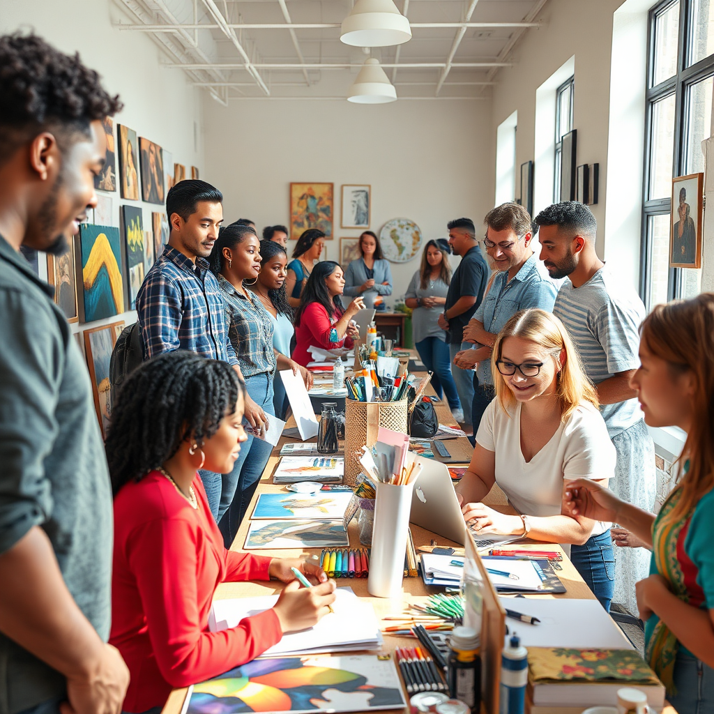 Design a photorealistic image representing RocLocal360™'s mission, featuring a diverse group of people interacting in a friendly, vibrant environment. The scene includes local artists showcasing their work, educators holding workshops, and businesses showcasing their products. Soft, natural lighting creates an inviting ambiance, while a colorful palette reflects the energy of the community. The camera angle should be eye-level, emphasizing the connection between individuals. Capture textures from artworks and educational materials, and incorporate props like laptops, art supplies, and local goods, all depicted in a high-quality 4K resolution.