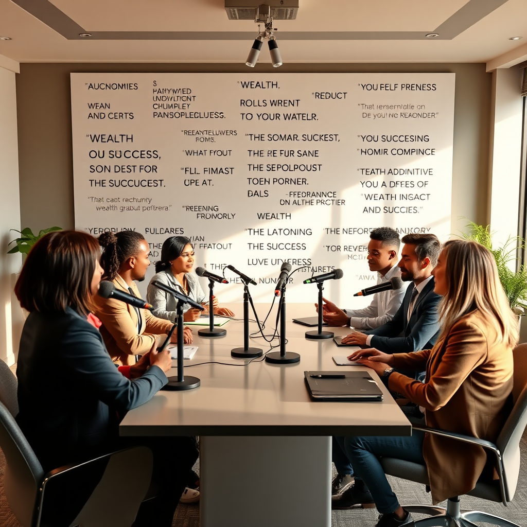 Design a photorealistic image that embodies 'The WealthBuilder Curtis Show'. The scene should depict a diverse group of professionals engaged in a podcast discussion around a sleek table with microphones and recording equipment. Soft, natural lighting should create a lively yet professional atmosphere, featuring a backdrop with motivational quotes on wealth and success. Use a color palette that harmonizes warm earthy tones to evoke a sense of reliability and growth. The camera angle should capture both the participants and the technology, enhancing the relatable yet professional vibe. The image should be high quality with 4K resolution.
