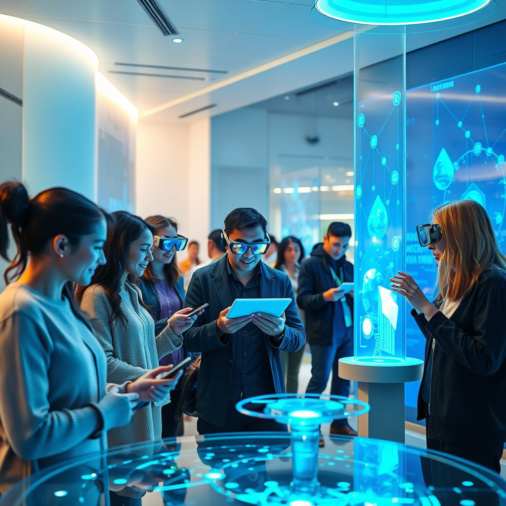 Design a photorealistic image that embodies the essence of Nu-Vizn as a futuristic hub of innovation. Depict a group of diverse individuals engaging with AR technology in a bright, inviting space that exudes creativity. Soft, diffused lighting should enhance the inviting atmosphere, with cool blues and greens dominating the color palette, symbolizing technology and growth. Include props such as holographic displays and interactive screens that reflect the integration of AI and smart technology. The composition should be engaging and inspiring, captured in high quality 4K resolution.