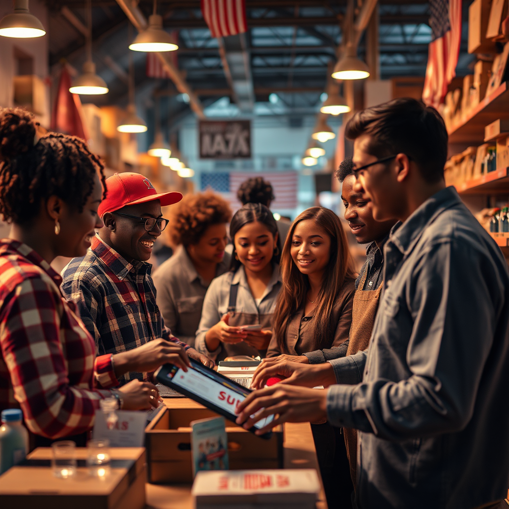 Design a photorealistic image that encapsulates our mission to empower U.S. manufacturers and small businesses. The scene should depict a diverse group of small business owners engaging with customers in a digital environment. Use warm lighting to create an inviting atmosphere, with a color palette that includes shades of red, white, and blue to represent American-made products. Capture texture details like product packaging, digital interfaces, and social interactions. A slightly elevated camera angle should give a wide perspective of the collaborative scene, and style references can include community-driven marketplace visuals. Technical specs should ensure 4K resolution and high quality.