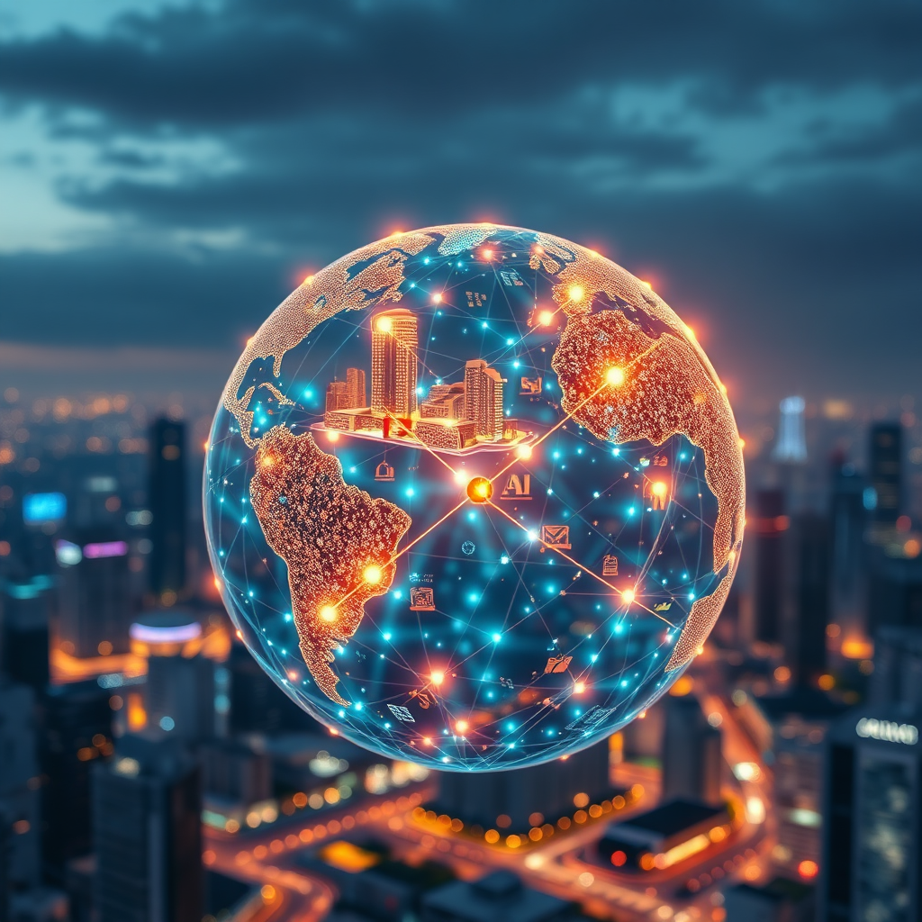 Design a photorealistic image that represents the innovative spirit of iRocLocal360 World Expo. The composition should feature a digital globe with connections lighting up across various cities, intertwined with symbols of real estate and technology like buildings and AI interfaces. Use a mix of warm and cool colors to create a balanced and engaging aesthetic. The camera should capture this scene from a slightly elevated angle, showcasing the depth of interconnectedness. The textures of the globe and the cityscapes should be high quality and detailed, reflecting a 4K resolution standard.