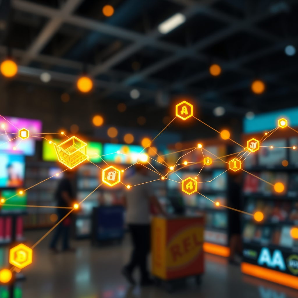Design a powerful image that shows a digital ecosystem powered by blockchain, with elements of retail being interconnected through luminous blockchain chains. Use vivid colors and a slight blur effect to suggest movement and a future-forward vision.