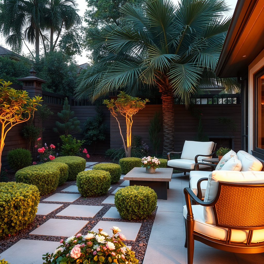 Design a serene image of a landscaped backyard featuring a small patio area surrounded by well-pruned shrubs and flowers. Include elegant outdoor furniture and whispering palms in the background, symbolizing a relaxing retreat. The lighting should be soft as if during golden hour, enhancing the inviting feel of the space. Capture the overall ambiance while ensuring that every detail from textures to colors maintains clarity, outputting in high-quality 4K resolution.