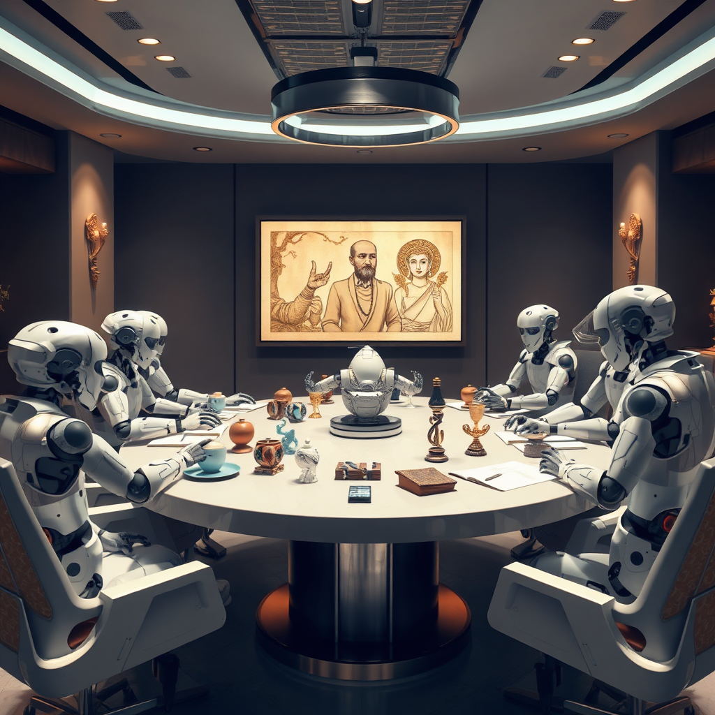 Design a visually striking image showing a roundtable discussion featuring AI technologies and cultural artifacts. The scene should be well-lit with a modern aesthetic, focusing on the collaborative nature of the discussion. High-quality textures should illustrate both the technology and the artifacts, demonstrating a blend of the old and new.