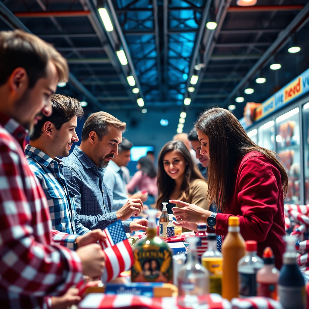 Design an engaging image representing Market2BuyNow.com, highlighting the connection between American manufacturers and global buyers. The scene should depict a diverse group of small business owners interacting with U.S.-made products, with vibrant lighting to elicit excitement. Use a balanced color palette of red, white, and blue, symbolizing American heritage. The camera angle should be slightly angled for depth, capturing various textures of the products alongside visual elements demonstrating blockchain verification. The style should be high quality with a 4K resolution for clarity.