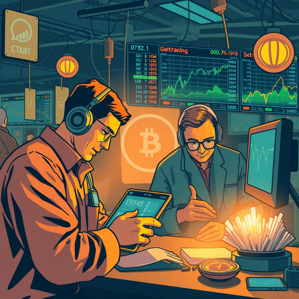 Design an image showcasing traders engaged in digital asset transactions. The scene should exhibit modern technology interfacing with traditional elements of community. Utilize a warm color palette to promote a sense of belonging while highlighting the advanced trading tools with clear visibility. Tech specs: 4K resolution, high quality.