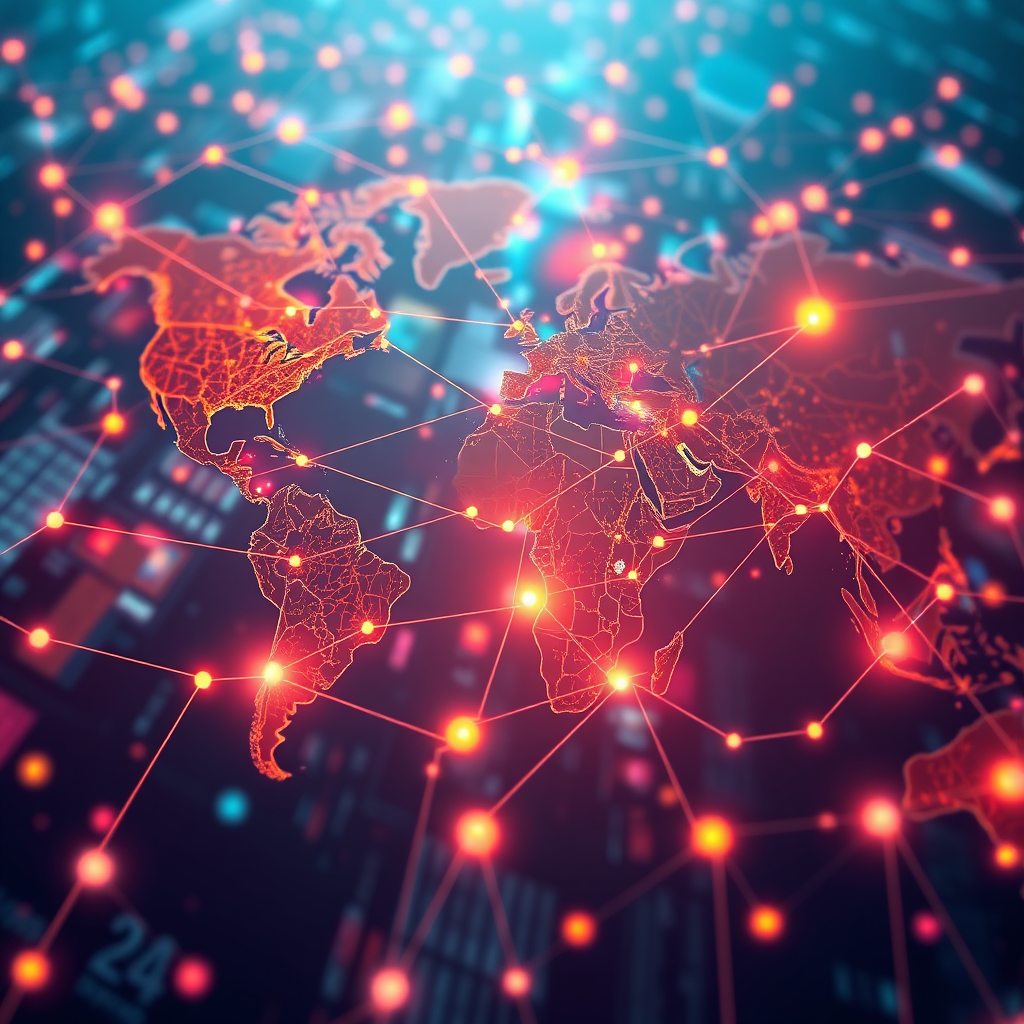 Design an image showing a network of global connections, with maps highlighting connections between countries and digital icons representing transactions. Use a vibrant color palette to suggest energy and interactivity. A bird’s eye view camera angle will enhance the perspective of global marketing. The image quality should be photorealistic, ensuring an 8K resolution.