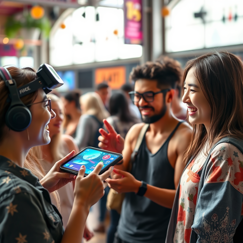 Design an image that encapsulates a creative AR experience in action, showcasing users interacting with digital overlays on real-world objects. Use a lively venue as the background, with colorful visuals and dynamic interactions. Soft daylight streaming in will enhance the realism, and focus on the joyful expressions of users clearly immersed in the experience.