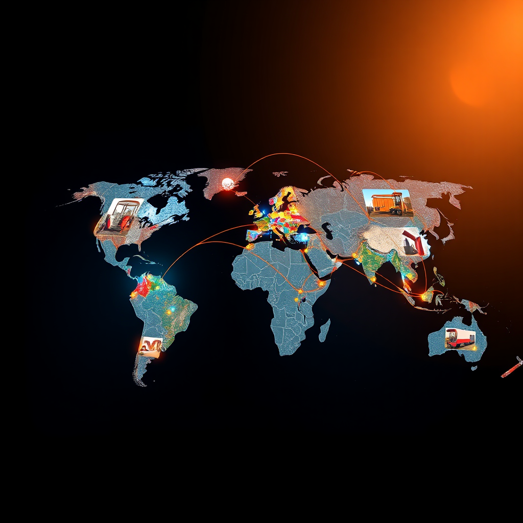 Design an image that illustrates the global network of buyers and sellers linked through Market2BuyNow.com. Show a map with routes connecting various countries, overlaid with images of U.S.-made products. The lighting should be dynamic, suggesting energy and connection. Use colors that are inviting and balanced, blending commerce and cooperation imagery. A bird’s eye view camera angle will capture movement effectively. This should be in a photorealistic style with 8K resolution to highlight depth.