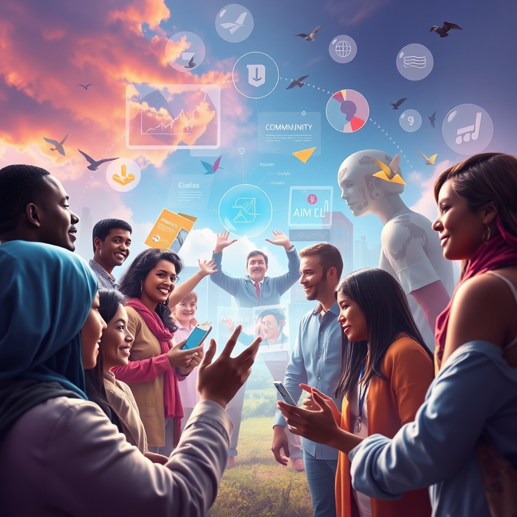 Envision a powerful image capturing individuals engaging with the platform, each person representing a unique contribution to their communities. The background can blend community projects with digital trading tools, using vibrant colors and uplifting scenes. This image should evoke unity and purpose-driven action. Tech specs: photorealistic.