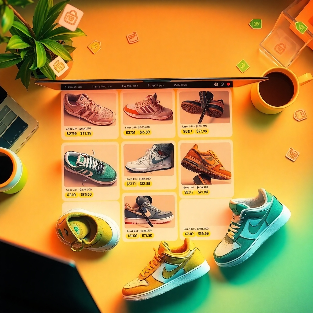 Generate a captivating image featuring a bright and inviting online shopping interface displaying various popular sneakers at attractive prices. The layout should flow seamlessly, highlighting price tags and discount badges. Use warm, welcoming lighting that conveys a friendly shopping atmosphere, paired with an eye-catching color palette of soft greens and yellows. The camera angle should be top-down, giving an overview of the products, with each shoe displayed at an angle to show off their designs. Surround the online visual with hints of a modern workspace, like a laptop, a vibrant coffee cup, and shopping icons floating around. The overall feel should evoke excitement and a sense of urgency to take advantage of these deals, with technical specifications aimed for ultra-detail and clarity that captures the shopping experience in 8K resolution.