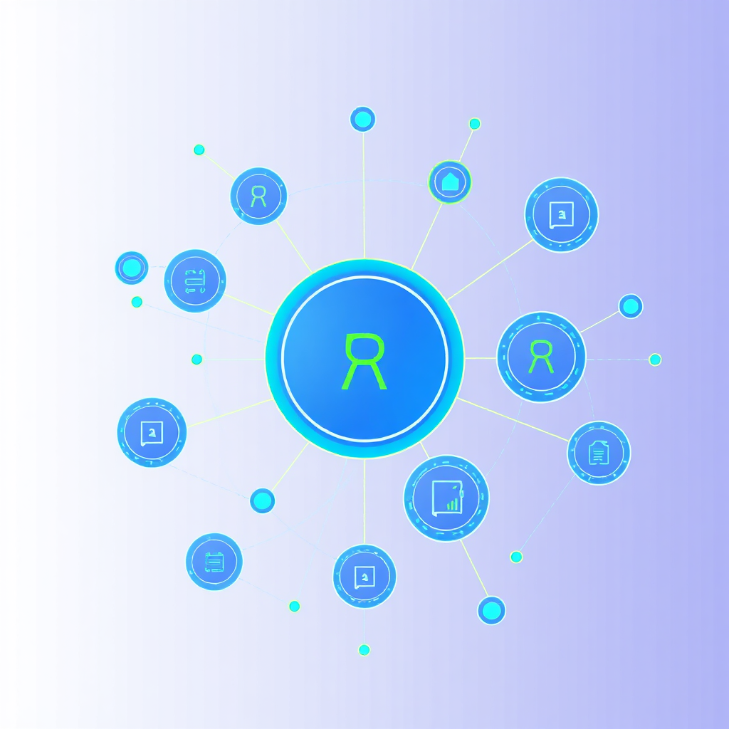 Generate a visual concept featuring interconnected circles symbolizing a referral network, with vibrant lines connecting each circle. The design should be modern and tech-savvy, using colors like blue and green to draw attention to connections. Incorporate details such as arrows and digital icons to suggest movement and growth. Technical specs: 4K resolution, high quality.
