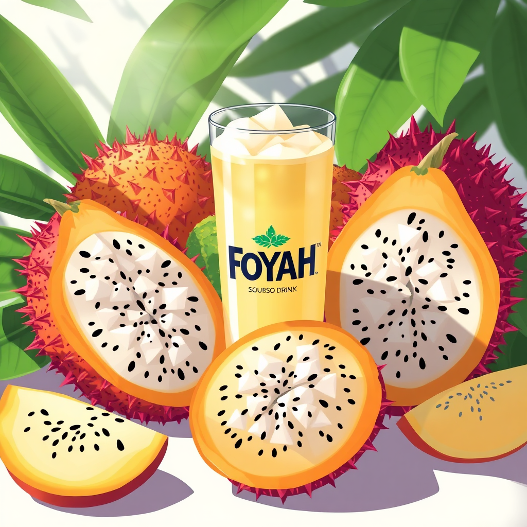 Illustrate a bright, engaging scene with fresh soursop fruits sliced open to display their unique texture, juxtaposed with FOYAH™ Drink. The surrounding composition should feature tropical leaves and soft lighting, giving a feeling of freshness. Emphasize the contrast between the smoothness of the drink and the spiny exterior of the soursop, ensuring all visual aspects are captured in high-quality detail.