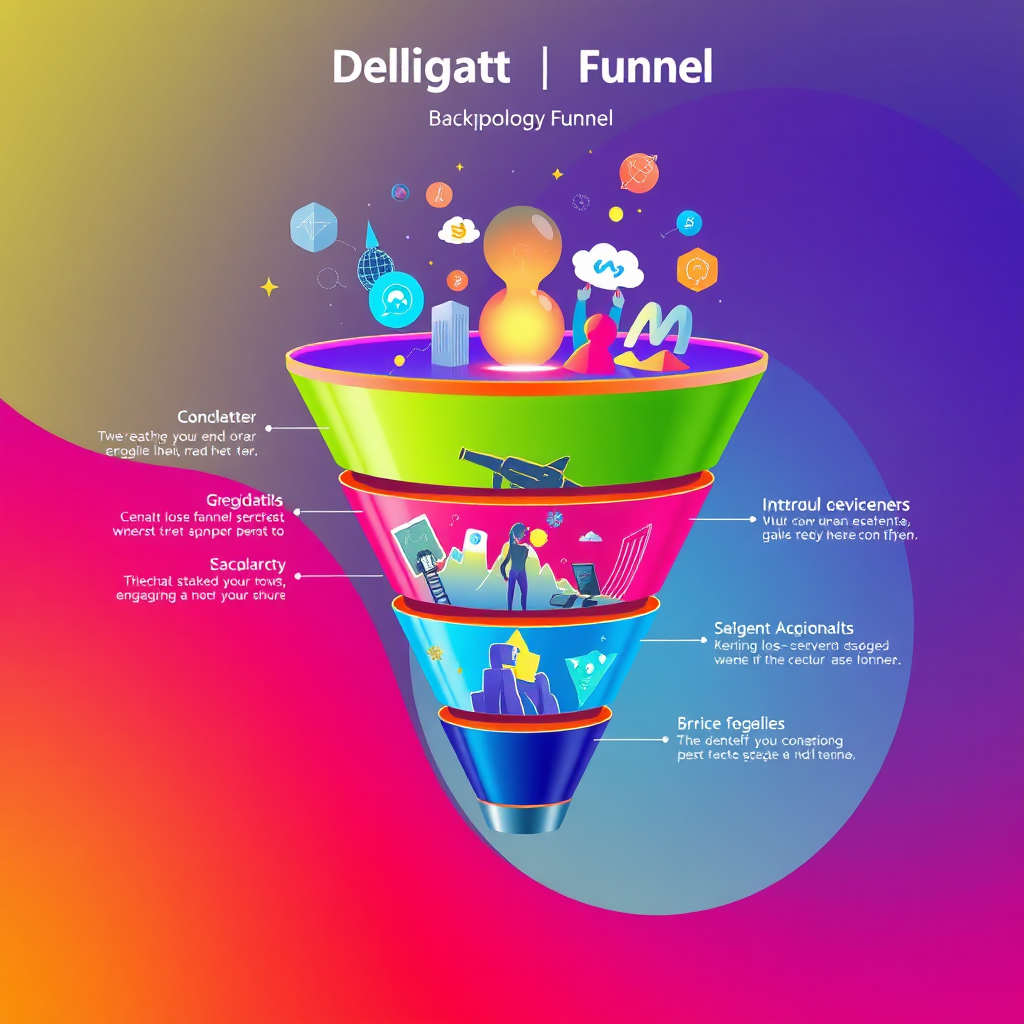 Illustrate a captivating digital funnel graphic representing various stages, complete with engaging visuals at each phase. The colors should be vibrant and contrasting, helping to distinguish each stage. Use smooth gradients to create flow and motion in the funnel design. Background elements could include digital tech motifs, enhancing the theme of technology. Technical specs: 4K resolution, high quality.