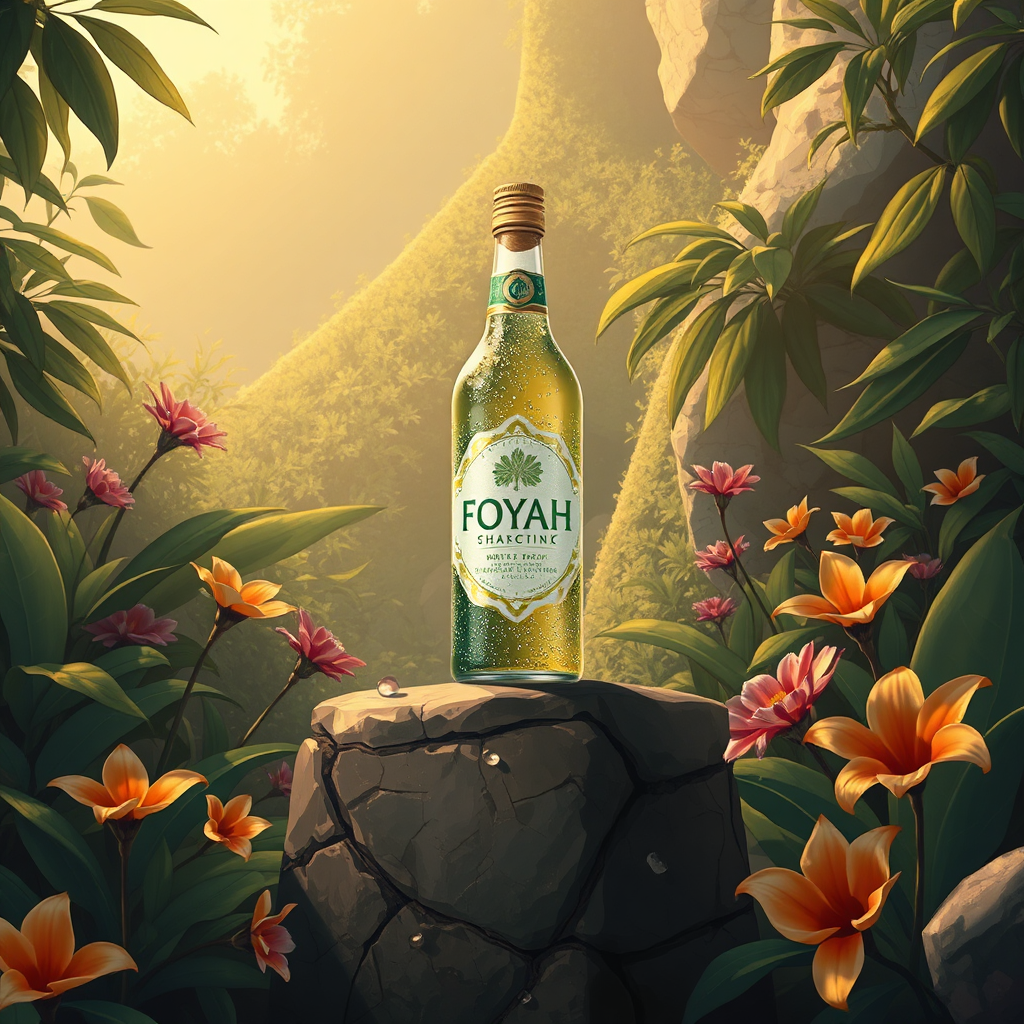 Illustrate a captivating scene where a bottle of FOYAH™ Drink is positioned on an ancient stone pedestal surrounded by lush greenery and exotic flowers. The scene should invoke a sense of discovery and ancient wisdom, with soft, golden-hour lighting creating a mystical quality. Incorporate elements like subtle water droplets on the bottle and rich textures of the natural surroundings. Create a high-quality image focusing on photorealistic details.