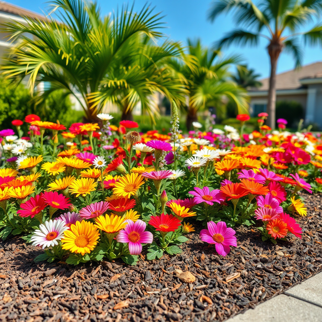 Illustrate a close-up image of a professionally designed flower bed featuring a mix of colorful annuals and perennials, with well-defined edges and mulch. The focus should be on the intricate details of the flowers and textures of the mulch, under natural daylight, to highlight the vibrancy and thoroughness of the installation. Include background elements like lush green palms and a clear blue sky to evoke a feeling of summer harmony in a residential setting. The image should be rich and vivid, capturing attention in 4K quality.