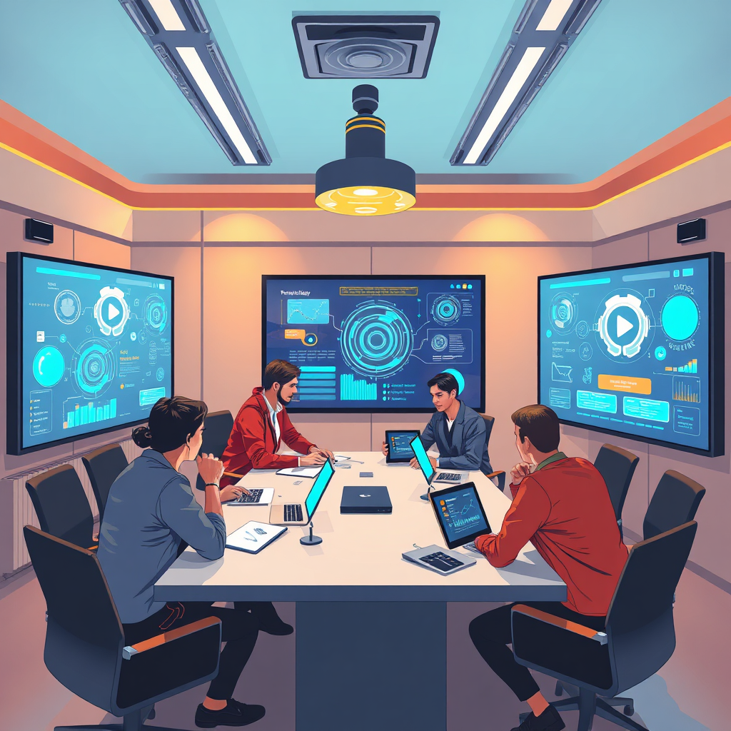 Illustrate a collaborative meeting room where developers are discussing AI features for wearables. The atmosphere should be dynamic, filled with digital screens showcasing AI data and prototypes in use. Use warm yet professional lighting to create a focused workspace where innovation thrives. Highlight the detailed interaction between team members and technology, fostering a sense of teamwork.