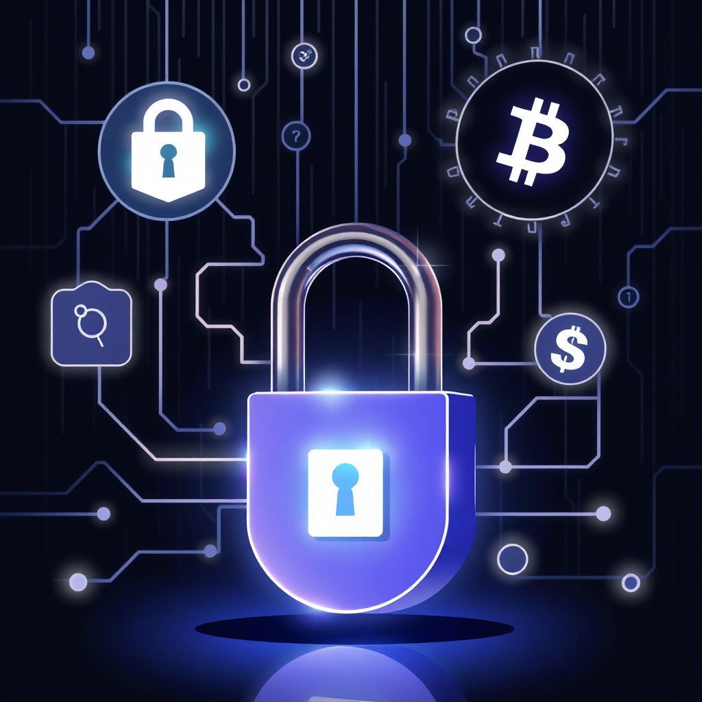 Illustrate a concept of security with digital locks and blockchain symbols. The image should evoke a sense of safety and trust, utilizing darker tones combined with bright security highlights to emphasize the importance of security in trading. Include elements that represent confidentiality and trust in financial transactions.