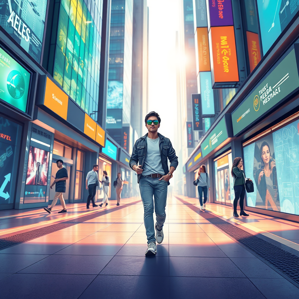 Illustrate a confident individual walking through a tech-enabled street filled with interactive displays and other users embracing AR innovations. Ensure the lighting highlights the futuristic architecture and showcases smart glasses in use. Use a dynamic perspective to create depth, featuring reflections on smooth surfaces and the vibrant color palette typical of urban tech environments. The image should encourage a sense of empowerment and connection through technology.