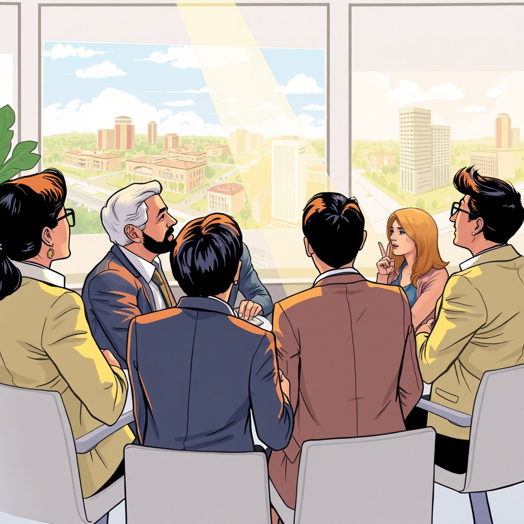 Illustrate a dynamic investment meeting scene where diverse investors are discussing opportunities while looking at projections of real estate landscapes. Bright, optimistic lighting should enhance the atmosphere, reflecting a sense of possibility. Focus on capturing the interactions and expressions of success among the investors, with detailed textures on their attire and surroundings.