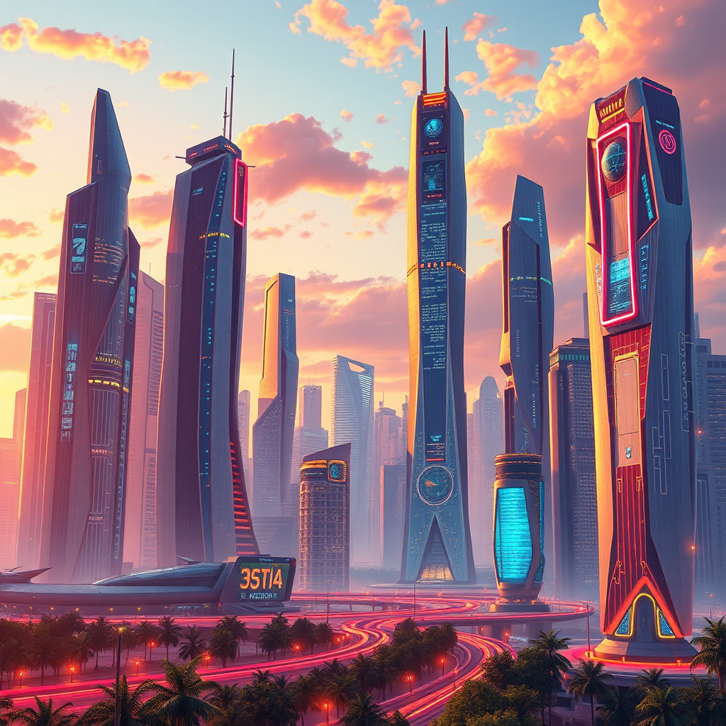Illustrate a futuristic city skyline where towering smart buildings are equipped with advanced technology. Use vibrant colors to emphasize the modern architecture and glowing elements. The scene should be viewed from a distance, showcasing the city in a dynamic sunset light, highlighting the merging of nature and technology. Ensure the buildings have sleek surfaces, with reflections that indicate a highly detailed treatment typical of photorealism.