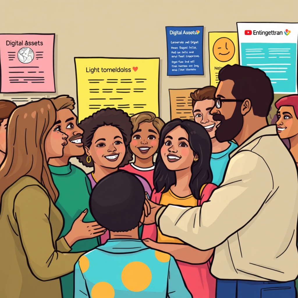 Illustrate a gathering of diverse individuals sharing experiences and support, with a backdrop of educational materials about digital assets. Bright, welcoming colors should invite warmth and connection, promoting community growth. Tech specs: 4K resolution, high quality.