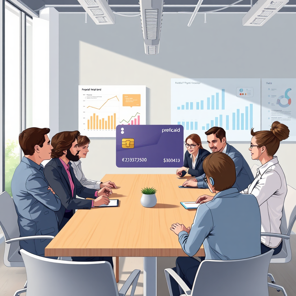 Illustrate a group of diverse professionals collaborating around a conference table, with the pre-paid card on display. The setting should include charts and AI project visuals in the background, under bright, natural lighting to create an uplifting atmosphere. Incorporate modern decor elements, encapsulating a forward-thinking environment, with attention to detail in a photorealistic format.