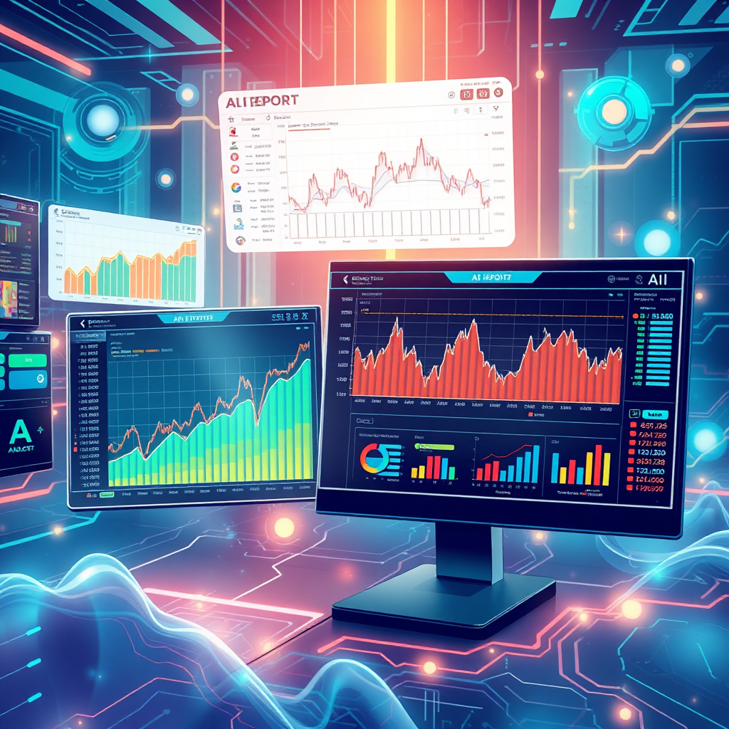 Illustrate a high-tech interface that displays various AI analytics and reports. The setting should be energetic with bright visuals, showcasing the dynamism of AI in trading scenarios, with flowing data streams and clear visuals.