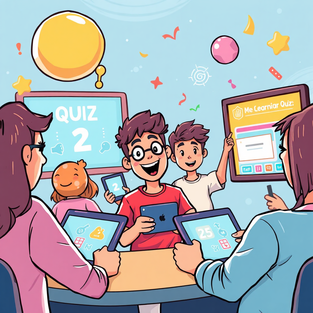Illustrate a lively scene depicting a gamified quiz competition among students using tablets and interactive displays. Bright, animated graphics and engaging elements should reflect the enjoyment of learning through games. The background should be lively, with students showing enthusiasm and competition. Use bold colors and playful textures to give energy to the image.