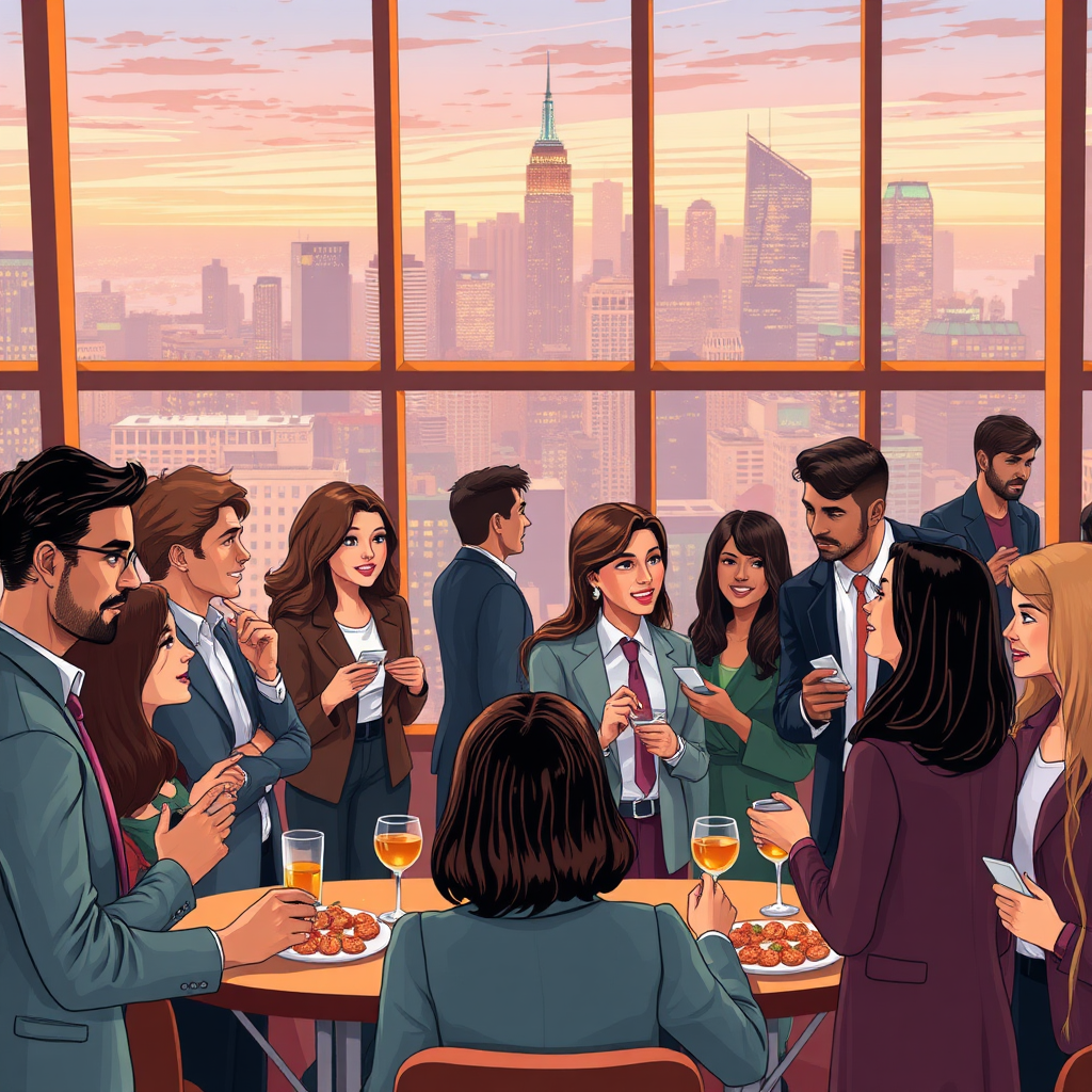 Illustrate a networking event with a lively atmosphere featuring groups of diverse professionals engaged in conversations, exchanging business cards, and making meaningful connections. A dazzling city skyline should be visible through large windows in the background, enhancing the idea of opportunities. Use warm lighting to create an inviting ambiance, and ensure the characters display a variety of expressions that convey excitement and determination. Incorporate elements such as drinks and appetizers on tables to reflect a networking event. The image should be lively and photorealistic.
