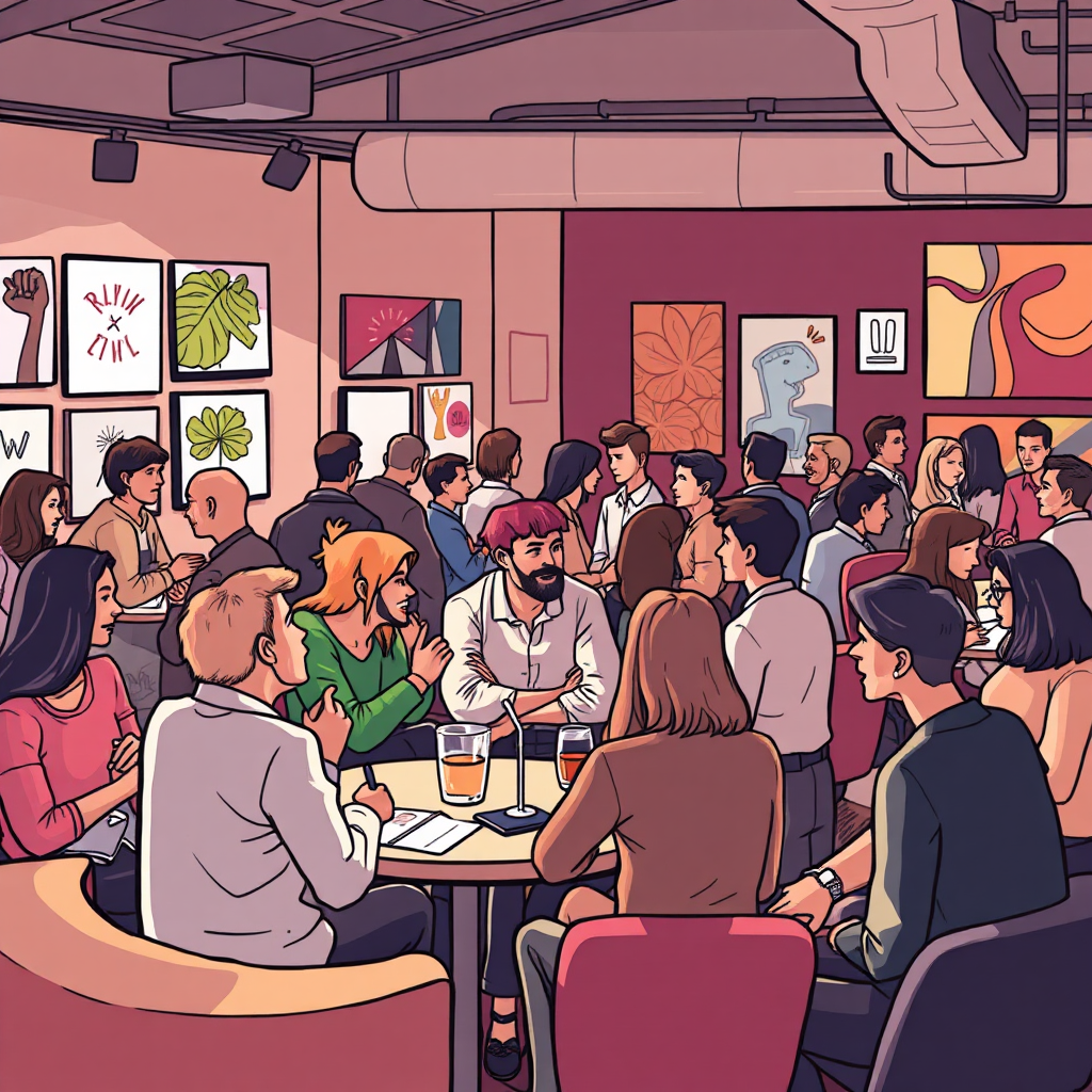 Illustrate a networking event filled with individuals sharing ideas in a cozy setting. Use soft lighting and a warm color palette to reflect friendliness. Capture textures in the environment, showcasing comfortable seating areas, interactive elements, and community artworks in the backdrop.