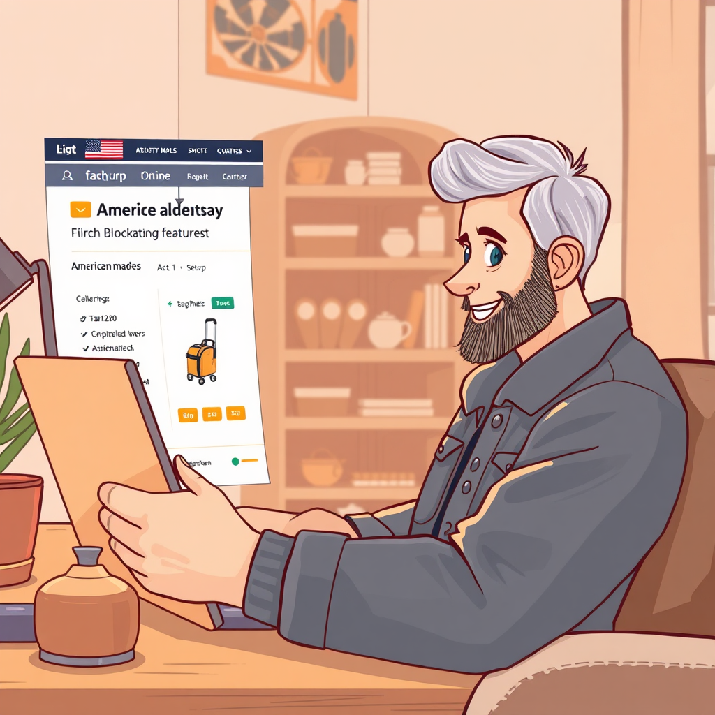 Illustrate a satisfied customer engaging with an American-made product online. Show the product's detailed information on a secure website page featuring blockchain features. Use warm lighting to create a cozy digital shopping environment, and a calm color palette should enhance the brand’s reliability. A medium shot of the user interacting with the product adds warmth to the connection. The image must be of high resolution for clear representation.