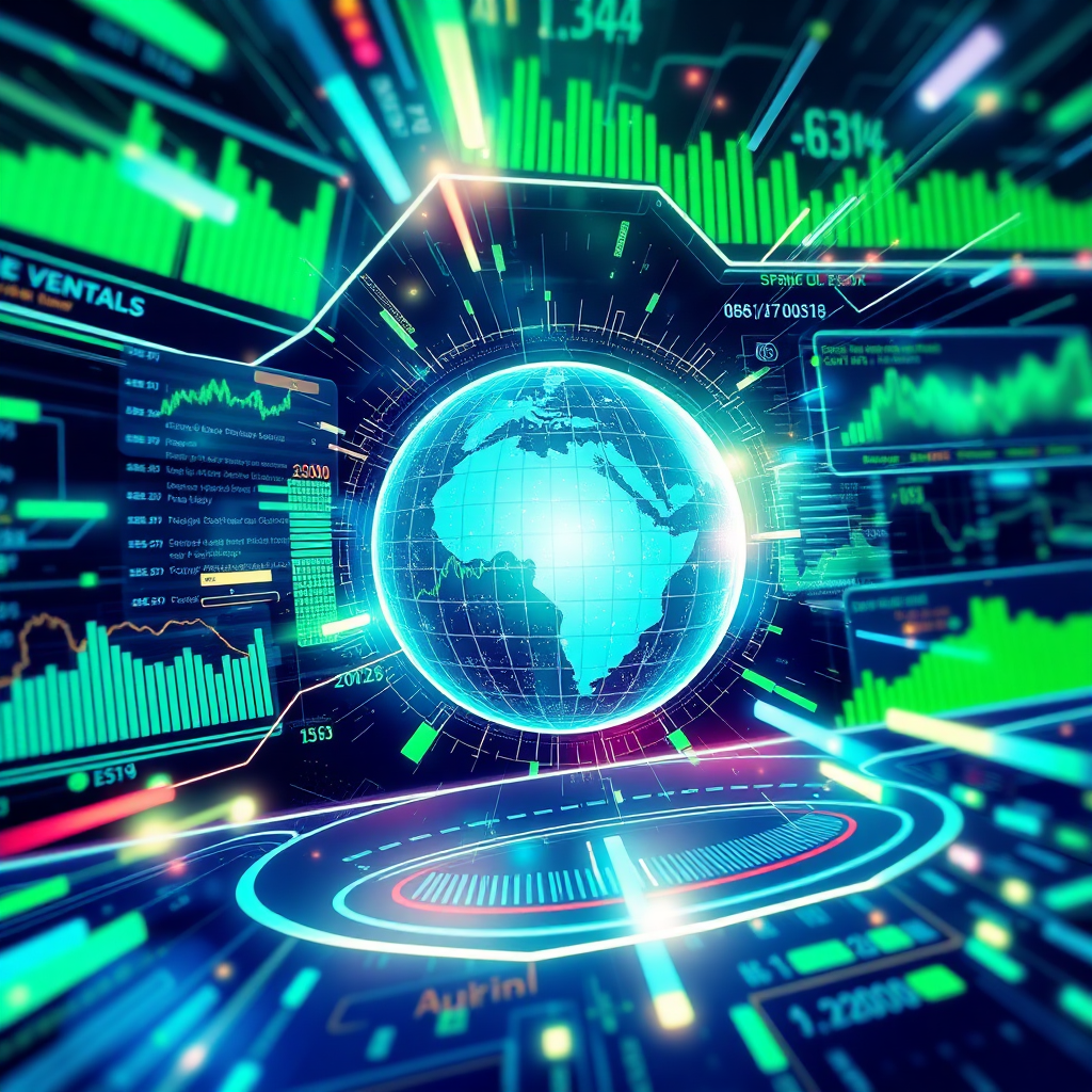 Illustrate a vibrant concept image showing a dynamic interface with blockchain data visualization. The composition should focus on a central digital globe surrounded by moving data and metrics, showcasing speed and connectivity. The lighting should be bright and engaging, with a mix of green and blue highlights. The style should lean towards a futuristic tech design, portraying innovation in finance.