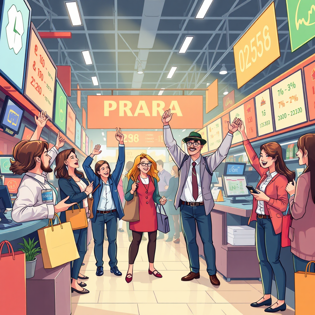 Illustrate a vibrant market scene where both consumers and brokers are celebrating successful transactions, indicative of a new retail era. Employ bright, cheerful lighting and a variety of interactive digital interfaces to emphasize joy and prosperity in this environment.