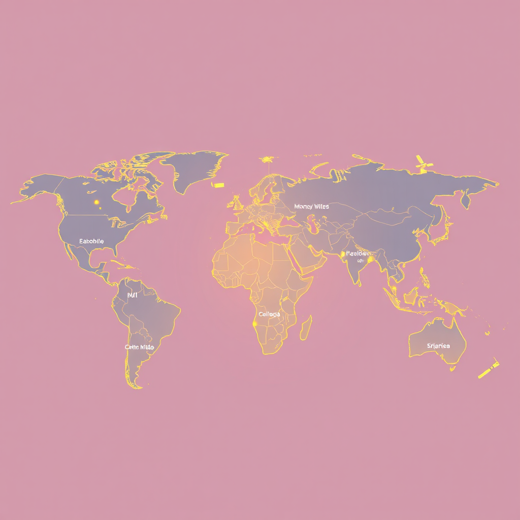 Illustrate a world map with digital lines connecting major cities, symbolizing the global reach of M2bnl.com. The composition should be warm and inviting, using bright colors to depict connectivity. Include elements of technology such as satellites or data satellites to signify innovation.